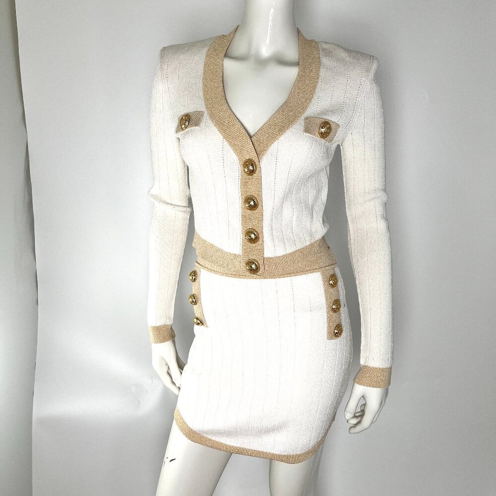 Authentic Balmain Off White Gold Ribbed Knit Cropped Cardigan Mini Skirt Set 38